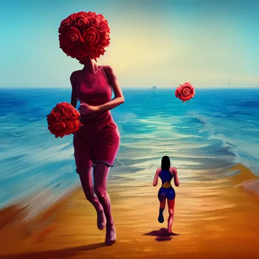 Image similar to portrait, giant rose flower head, woman running at the beach, surreal photography, sunrise, blue sky, dramatic light, impressionist painting, digital painting, artstation, simon stalenhag