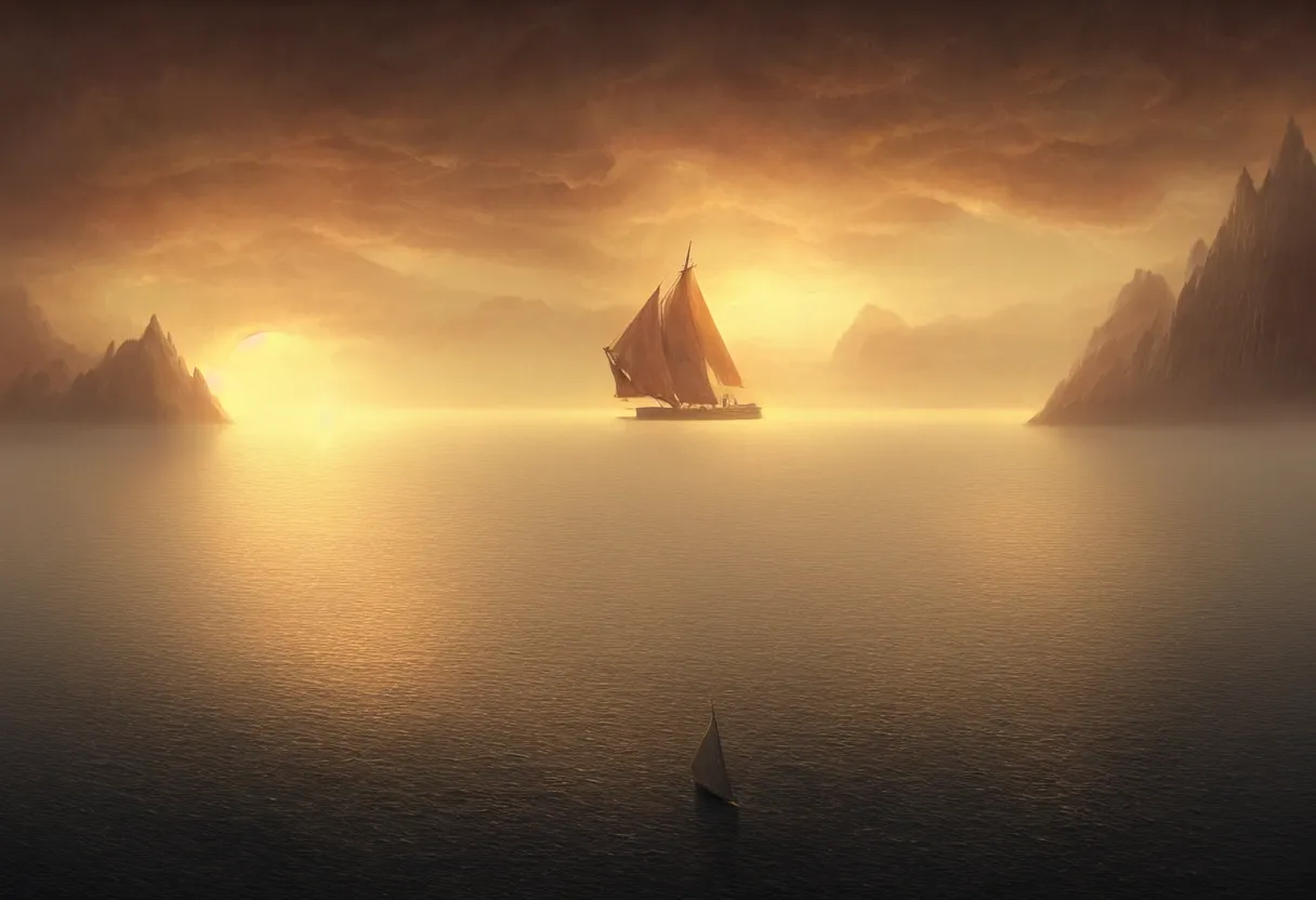 Image similar to strange sea surface of autumn planet at sunset, sailing ship on horizon, ultra high definition, ultra detailed, symmetry, fog, matte painting, by greg rutkowski and ross tran and wlop