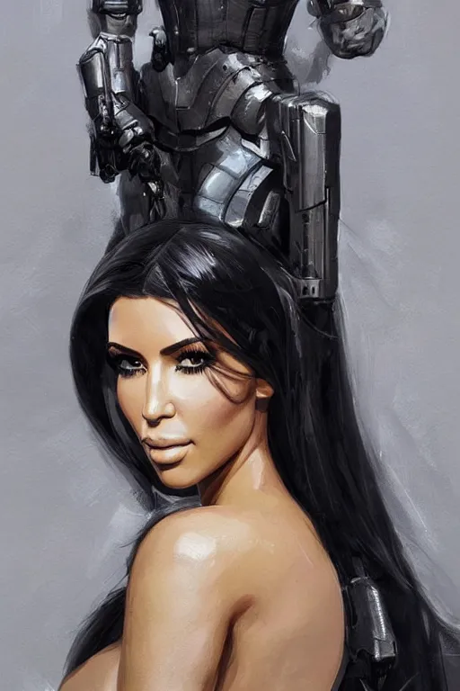 Image similar to a professionally painted portrait of Kim Kardashian, clothed in military armor, intricate, elegant, digital painting, trending on Artstation, concept art, smooth, sharp focus, illustration, from Metal Gear by Ruan Jia and Mandy Jurgens and Artgerm and William-Adolphe Bouguerea, award winning