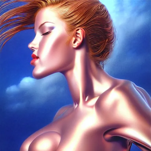 Image similar to beautiful woman kissing a knight, confident pose, blue sky, art by peter lloyd 1 9 8 0, airbrush style, art by hajime sorayama,, intricate, elegant, sharp focus, illustration, highly detailed, concept art, matte, sharp focus, illustration, highly detailed, concept art, h 6 4 0