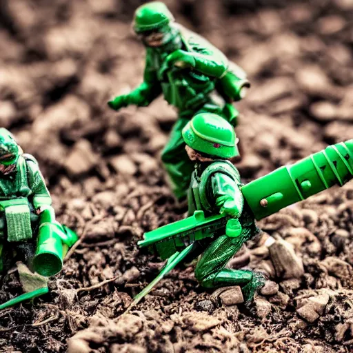 Prompt: 5 green plastic toy soldiers in set on fire . close up. DOF 100mm. F/1.8 45 45 degrees angle