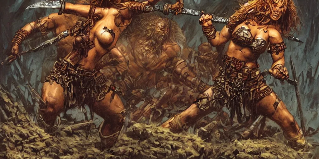 Prompt: heroquest cover art depicting female barbarian by Les Edwards, high quality