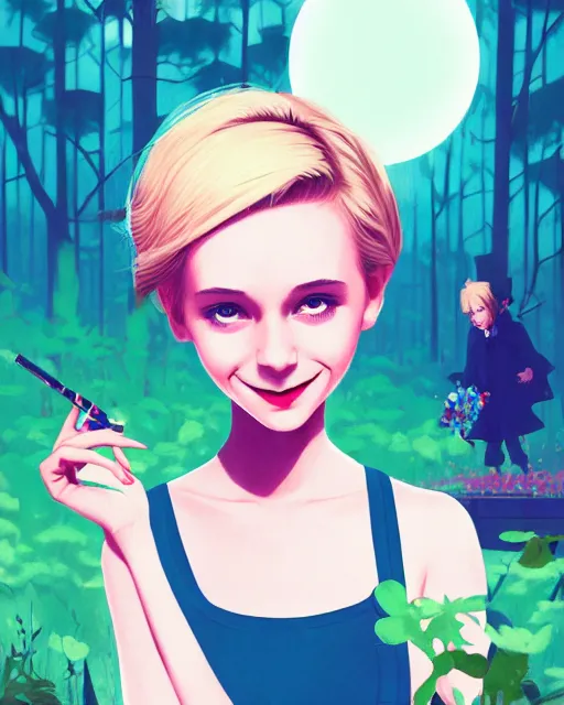 Image similar to digital illustration of pretty girl with short blonde hair hair, from alice in wonderland, smoking, happy eyes, smiling, in a wonderland forest, in junkyard at night, by ilya kuvshinov, lois van baarle, rossdraws, basquiat