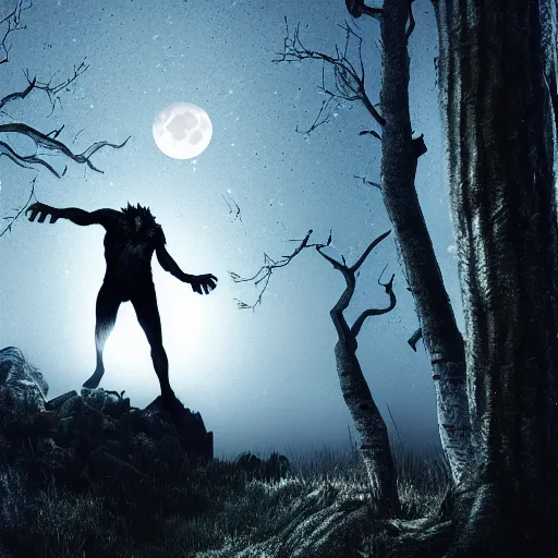 Image similar to man ripping off his skin turning into a werewolf, forest scenery, full moon, illuminated lighting, highly detailed, 4 k