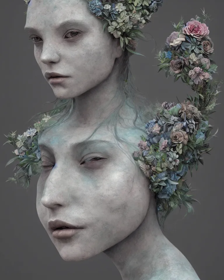 Image similar to front view of an beautiful ethereal female made of concrete and flowers turning into mist, Andrew Ferez, Charlie Bowater, Marco Mazzoni, Seb McKinnon, Ryohei Hase, trending on cgsociety, featured on zbrush central, new sculpture, mystical