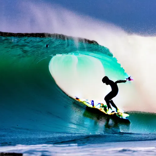 Image similar to photography of a young man surfing a hokusai wave