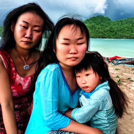 Prompt: photograph of sad kazakh woman with two daughters on the koh phangan island