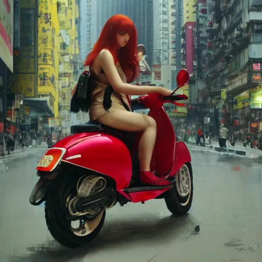 Image similar to the redhead vespa queen in hong kong, oil on canvas by ruan jia and yoshitaka amano