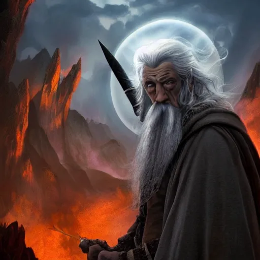 Prompt: Gandalf the Grey on the Bridge of Khazad Dum, a balrog looming in the background, Selfie
