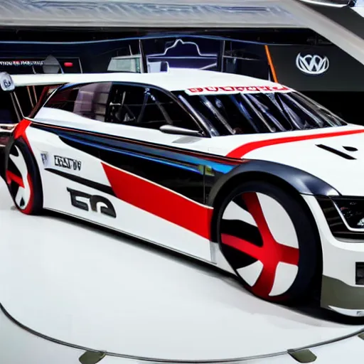 Prompt: a volkswagen concept racecar with agressive design in a showroom