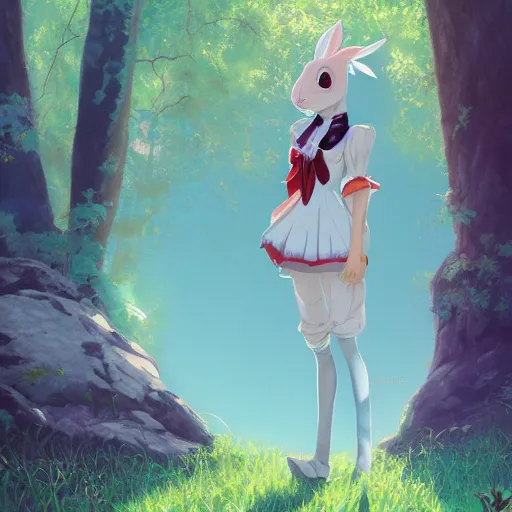 Prompt: concept art painting of an anthropomorphic white rabbit wearing a turquoise blouse, in the deep forest, realistic, detailed, cel shaded, in the style of makoto shinkai and greg rutkowski and james gurney