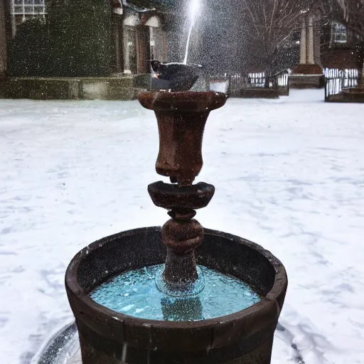 Prompt: a photo of a dog drinking from a fountain, in winter, with glitter in the air