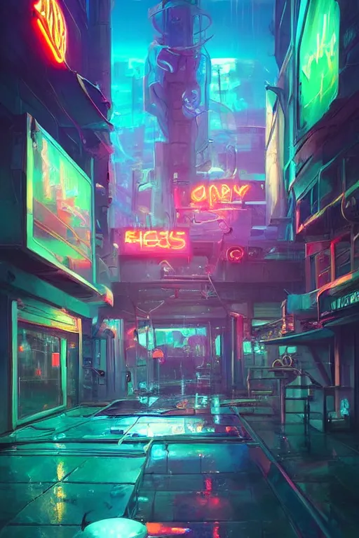 Prompt: water pouring neon signs, trending on artstation a surrealism painting by felix kelly depicting an abandoned city by tyler edlin and rhads, trending on deviantart artstation, behance cyberpunk city topography