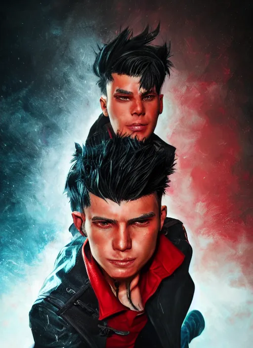 Image similar to An epic fantasy comic book style portrait painting of a young man with black and red cowlick undercut haircut, wearing a red shirt, black overcoat, blue jeans. Unreal 5, DAZ, hyperrealistic, octane render, cosplay, RPG portrait, dynamic lighting