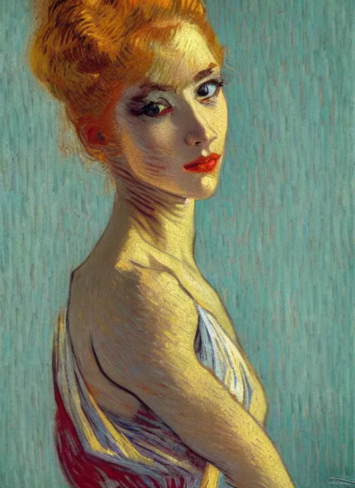 Image similar to !! portrait of a beautiful parisian dancer!!, detailed face, symmetrical painting, beautiful expressionist oil painting masterpiece, 8 k resolution, by van gogh, smooth, sharp focus, pastel color palette, trending on artstation