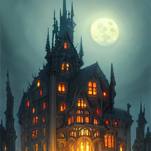 Image similar to foggy intricate gothic castle under the full moon, epic, intricate oil painting, high detail illustration, sharp high detail, manga and anime 1 9 9 9, official fanart behance hd artstation by jesper ejsing and makoto shinkai, 4 k,