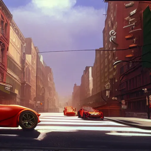 Image similar to copper colored sport car racing through a street in nyc, painted by, mc escher, gordon onslow ford, georgia o'keeffe and ivan aivazovsky, cinematic light, god rays, colourful, unreal engine.