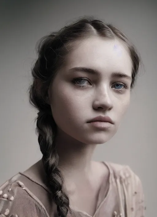Prompt: a medium shot portrait, subtle pastel tones, subdued expression, enticing eyes, beautiful feminine facial features, braided hair, clothing created with geometric flourishes, beauty, elegance, stature