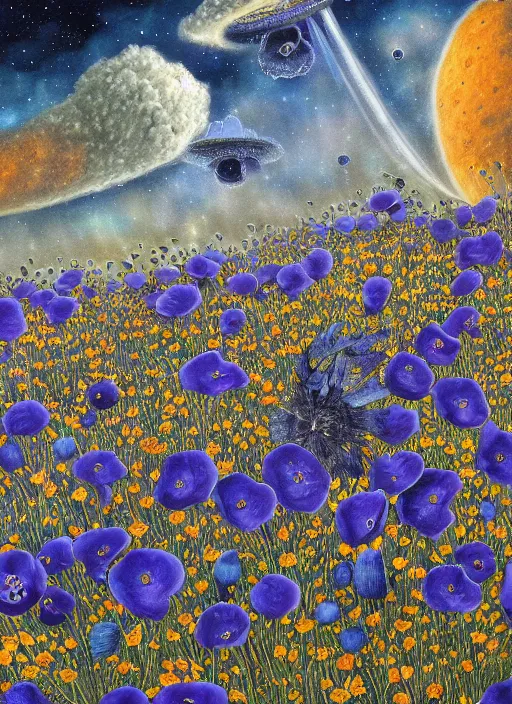 Image similar to detailed, intricate blue black and purple papaverum flower on the field, nebula, galaxy in the sky, winning award masterpiece, fantastically beautiful, illustration, aestheticly inspired, jacek yerka, upscale with anguissola sofonisba work, artstation, 8 k