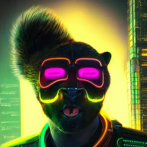 Image similar to a beautiful commission portrait of a male anthro cheetah wearing a neon jacket,futuristic,detailed face,mohawk,cyberpunk city,deviantart,artstation,art by greg rutkowski,ross tran,professional lighting,neon city,night,raytracing,highly realistic,4k,dramatic,hyperrealism