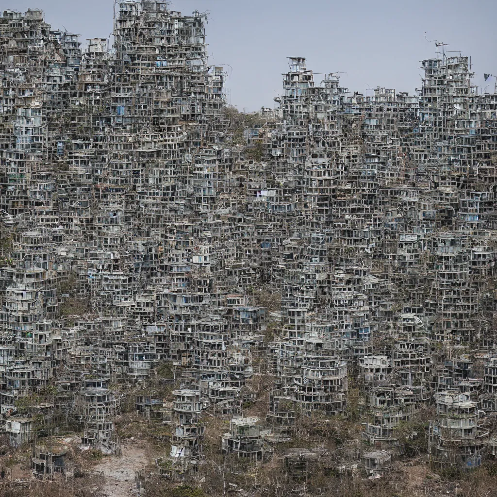 Image similar to a circular tower, made up of makeshift squatter shacks, dystopia, sony a 7 r 3, f 1 1, fully frontal view, ultra detailed, photographed by sugimoto hiroshi,