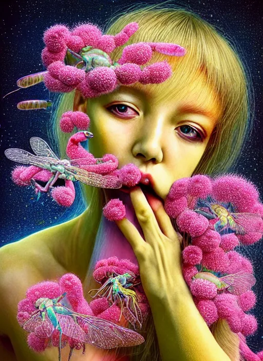 Image similar to hyper detailed 3d render like a Oil painting - kawaii half visceral portrait Aurora (gold haired Singer Praying Mantis Dragonfly) seen Eating of the Strangling network of yellowcake aerochrome and milky Fruit and Her compund eyes delicate Hands hold of gossamer polyp blossoms bring iridescent fungal flowers whose spores black the foolish stars by Jacek Yerka, Mariusz Lewandowski, Houdini algorithmic generative render, Abstract brush strokes, Masterpiece, Edward Hopper and James Gilleard, Zdzislaw Beksinski, Mark Ryden, Wolfgang Lettl, hints of Yayoi Kasuma, octane render, 8k