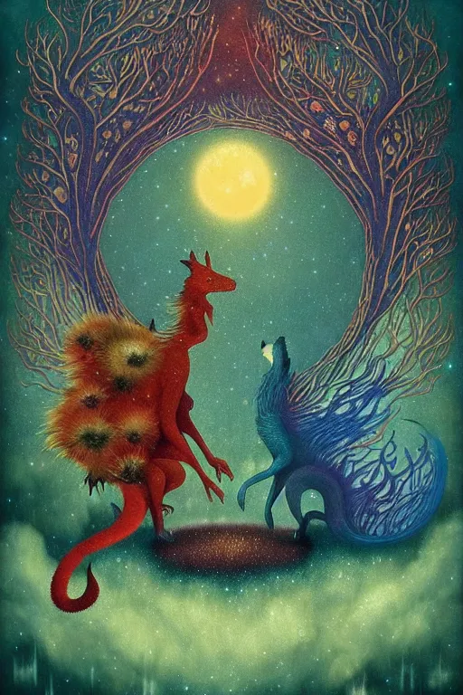 Image similar to surreal hybrid dragons and foxes, nostalgia for a fairytale, magic realism, flowerpunk, mysterious, vivid colors, by andy kehoe, amanda clarke