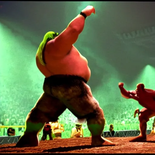 Image similar to shrek and donkey tag team battle vs andre the giant and hulk hogan at wrestlemania 8, dramatic lighting, 8k ,
