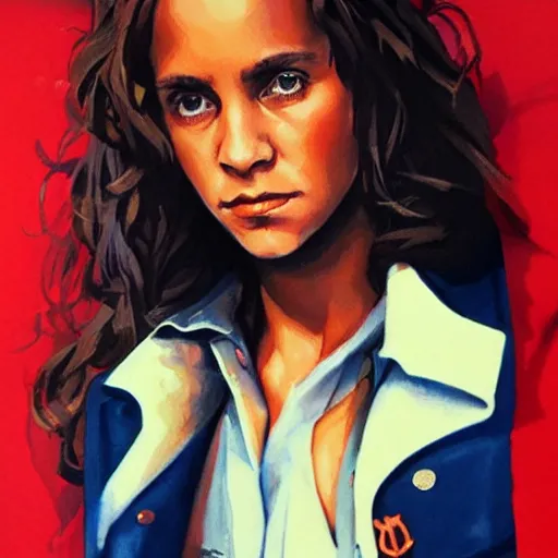 Image similar to detailed details photorealistic pictures of hermione with bachelor jacket in the style of bob peak and alex ross, gouache and wash paints color, detailed details facial and body and human and environments and proportionate, detailed 5 k details.