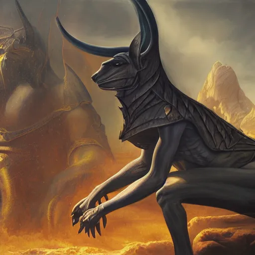 Image similar to Anubis, elden ring boss, matte painting, detailed, elden ring, oil on canvas