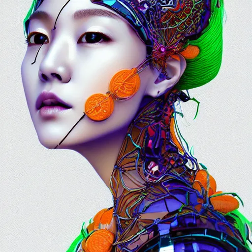 Image similar to the head of an incredibly beautiful and elegant korean woman partially made of carrots and blueberries looking up, an ultrafine detailed illustration by james jean, final fantasy, intricate linework, bright colors, behance contest winner, vanitas, angular, altermodern, unreal engine 5 highly rendered, global illumination, radiant light, detailed and intricate environment