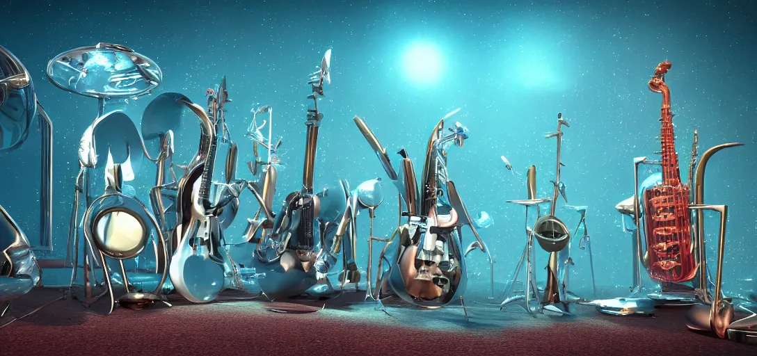 Prompt: Bryce-3d!!!-octane-render of a suite of unique alien musical instruments, expensive Hollywood CG influenced by Michael Whelan and Pixar