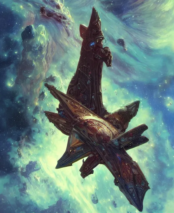 Prompt: wide shot of a starship with a stone devil's tower on its hull, in space near a nebula, d & d, fantasy, intricate, elegant, highly detailed, colorful, vivid color, digital painting, artstation, concept art, art by artgerm and greg rutkowski and alphonse mucha and ruan jia