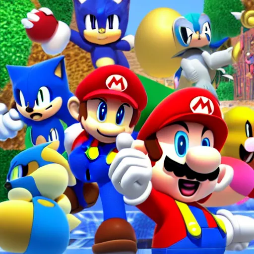 Image similar to super mario, kirby, sonic the hedgehog, super smash bros, star wars themed movie poster high detail accurate eyes and good gesture poses, pokemon anime cartoon style