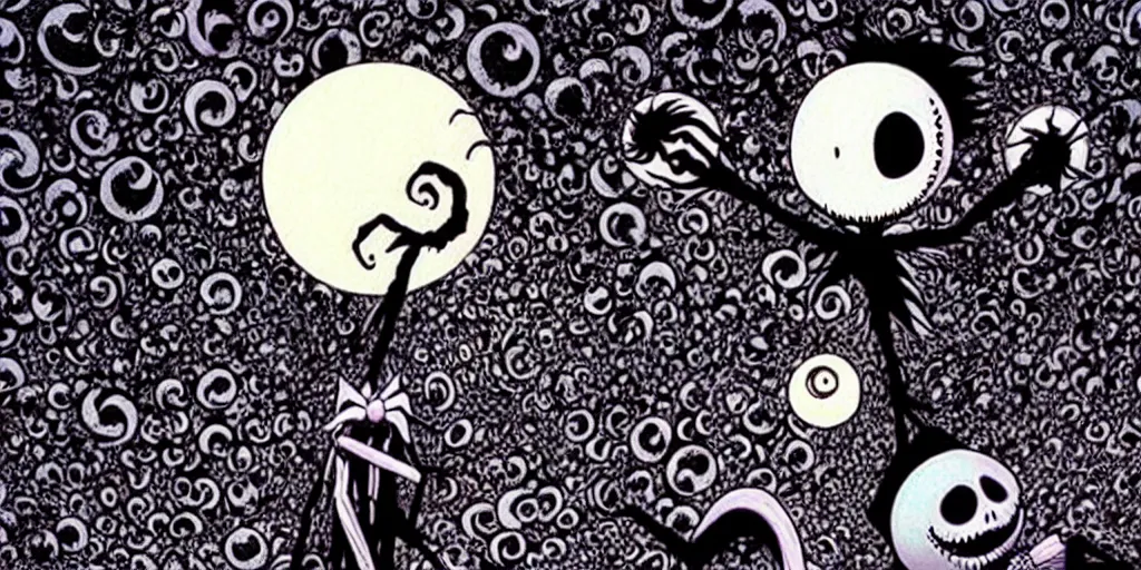 Prompt: nightmare before christmas movie still frame by yuko shimizu by murakami by tim burton