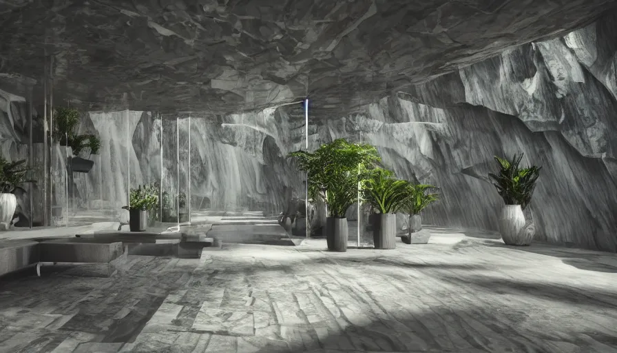 Prompt: a futuristic apartment interior in the style of a waterfall cave, plants, tiger skin carpet, greek marble statue, high ceiling, dark moody lighting, foggy atmosphere, 16mm lens, by frank lloyd wright, octane rendering