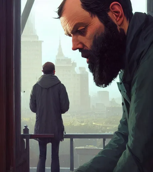 Image similar to highly detailed portrait dostoevsky in gta v, stephen bliss, unreal engine, fantasy art by greg rutkowski, loish, rhads, ferdinand knab, makoto shinkai and lois van baarle, ilya kuvshinov, rossdraws, tom bagshaw, global illumination, radiant light, detailed and intricate environment