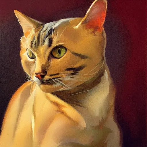 Image similar to playful cat, plain background, ( in the style of jc leyendecker ), phil hale, angular, brush strokes, painterly, crisp, portrait of a cat, cat portrait painting