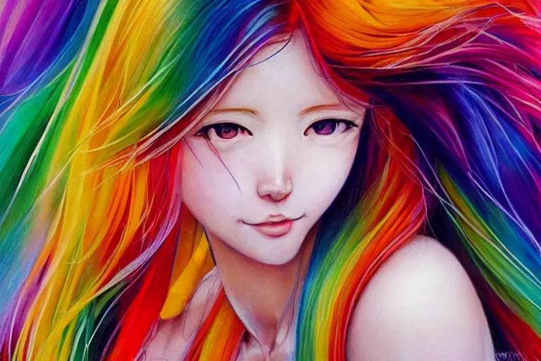 Image similar to Beautiful girl, rainbow hair, symmetrically, smiling, anime style, pixiv, pinterest anime, artist Steve Hanks, artist Alyssa Monks, endless summer art, artist WLOP artstation, artist Mam BA artstation, artist Arata Yokoyama, real photo, very detailed, realistic proportions, knowledge of anatomy, anatomy for beginners, true proportions of the face