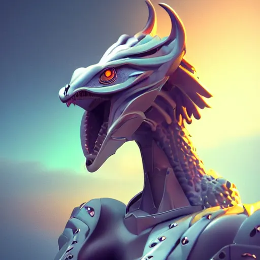 Image similar to bust of a beautiful anthropomorphic humanoid robot female dragon, with smooth and streamlined armor, standing and posing elegantly, well detailed dragon head with LED eyes and a warm maw, sharp and dangerous sleek design, two arms, two legs, long tail, beautiful digital art, artstation, DeviantArt, FurAffinity, professional, octane render, sunset lighting