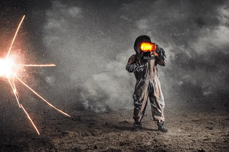 Image similar to human covered in light and explosions electricity shellshock devices, flamethrower, lightning blast, shiny steel armor, dust particles, covered in dust, grind, rocks, dark clouds, rainy