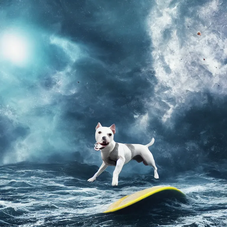 Prompt: photo of a dark gray white small spots coat pit bull with a white paws, surfing on a surfboard in a crashing wave of alien ocean in space, background is an alien galaxy, aliens in the background, alien colors, octane render, unreal engine, wide view, 8 k, high detaild