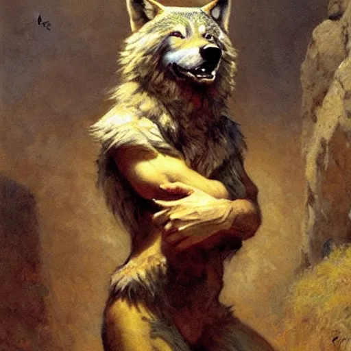 Prompt: a portrait of a furry wolf wearing a tshirt and pants, hairy, furry body, furry chest, furry arms, furry legs, tail. highly detailed painting by gaston bussiere, craig mullins, j. c. leyendecker, furry