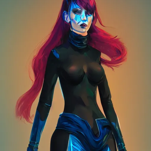 Prompt: a woman wearing black and blue clothes, full body shot, red hair, highly detailed, digital painting, artstation, concept art, smooth, sharp focus, illustration