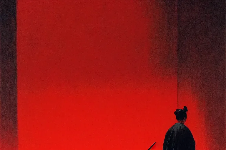 Image similar to only with red, a red samurai harakiri, tokio, a lot of frogs watch, in the style of beksinski, parts by edward hopper, parts by rodcenko, parts by yue minjun, intricate and epic composition, red by caravaggio, insanely quality, highly detailed, masterpiece, red light, artstation, 4 k