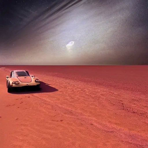 Image similar to porsche 9 1 1, australian beach, red sand, otherworldly science fiction surrealism landscapes. waves. dust. stars. by chris mars.