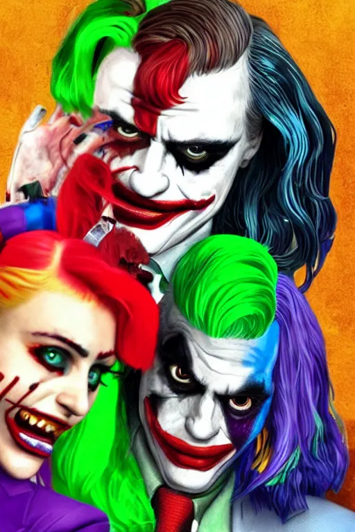 Image similar to joaquin phoenix as joker and lady gaga as harley quinn, remove duplicate content!!!!, delete duplicate content!!!, violet polsangi pop art, gta chinatown wars art style, bioshock infinite art style, incrinate, realistic anatomy, hyperrealistic, rgba color, white frame, content balance proportion