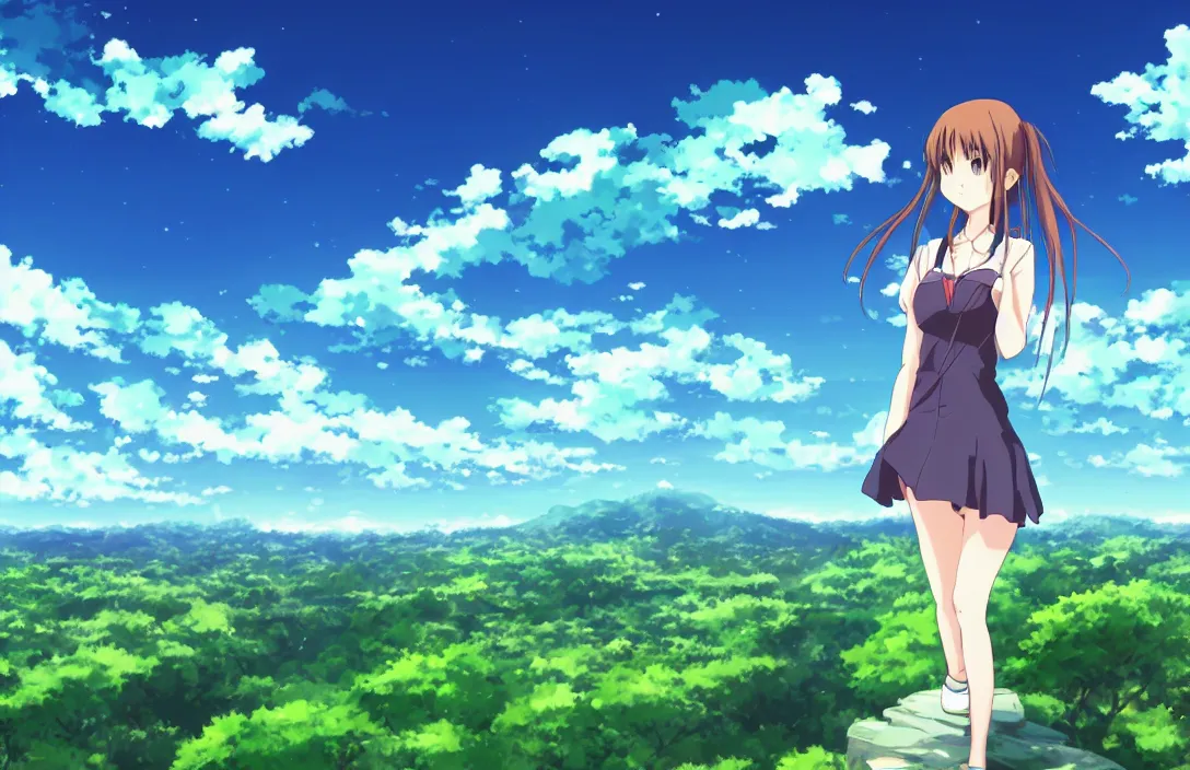 Image similar to an Anime Background Photo of a Valley with green plains and blue sky, with a cute anime girl standing, digital art, studio ghibli