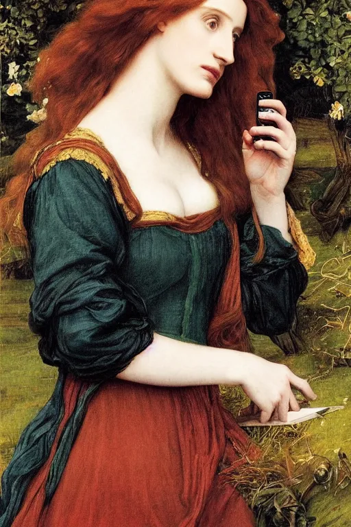 Prompt: a pre raphaelite painting of jessica chastain lazily looking at her iphone by dante gabriel rossett