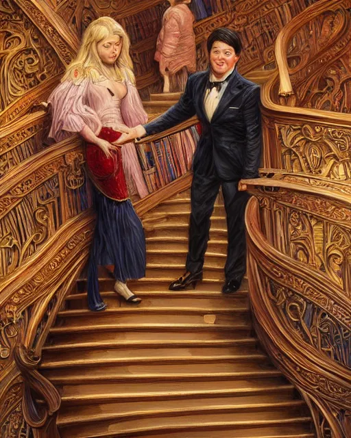 Image similar to a close up portrait of michael mcintyre & a blonde lady on staircase at livraria lello, real life skin, intricate, highly detailed, artstation, concept art, smooth, sharp focus, art by artgerm and greg rutkowski